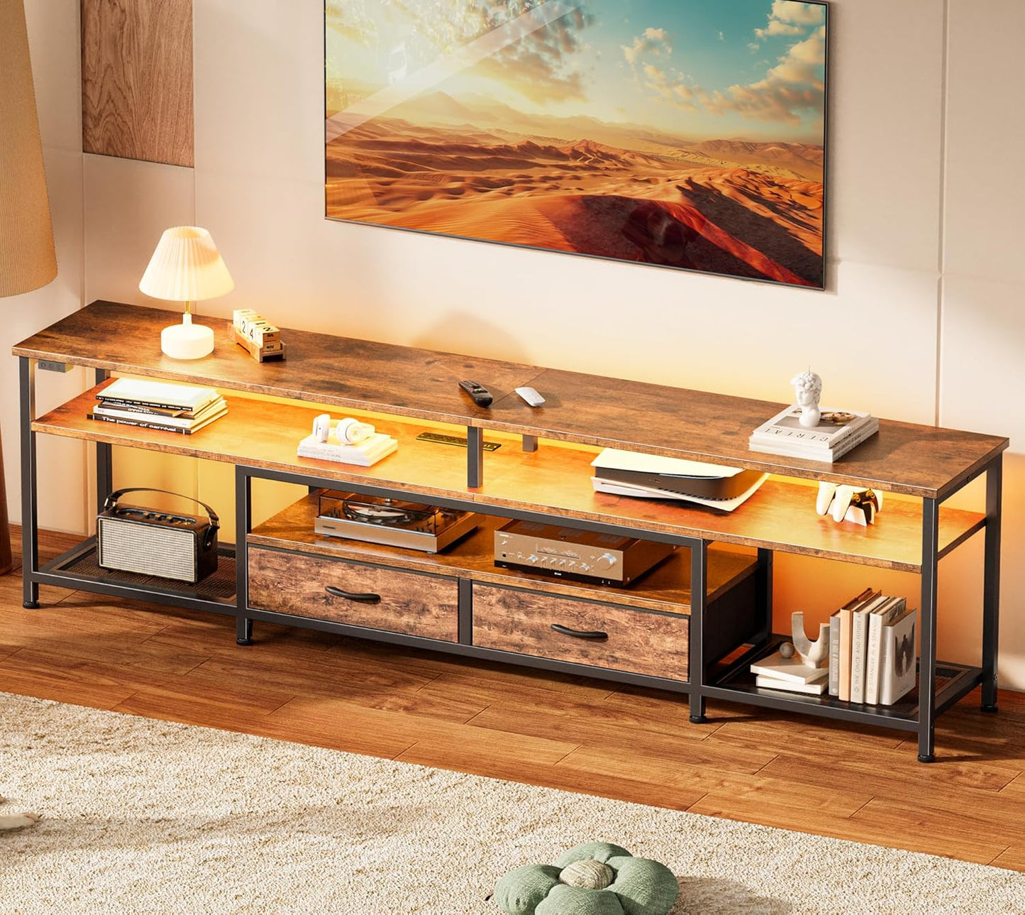 Huuger TV Stand for 75 80 Inch TV with LED Lights and Outlets