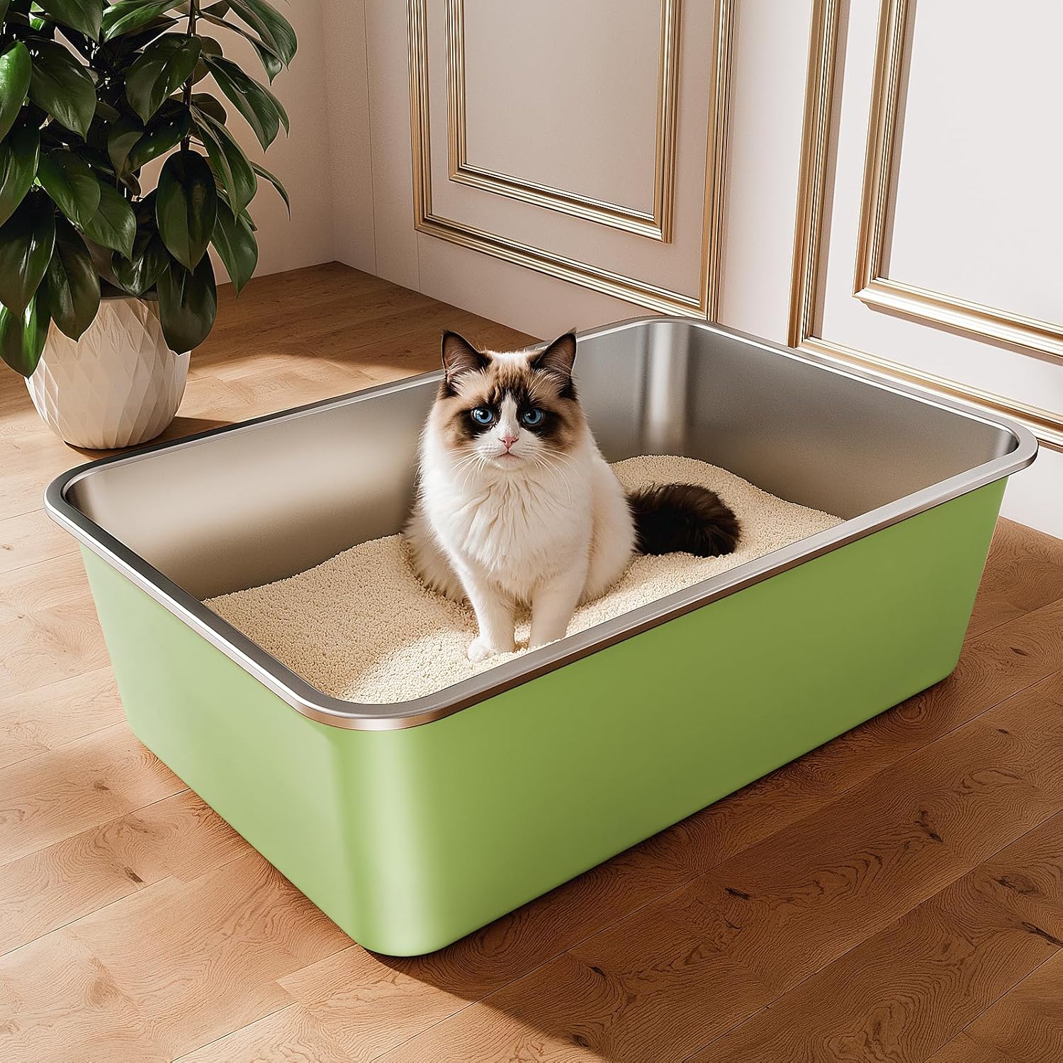 Spacious Stainless Steel Litter Box for Cats, Easy to Clean