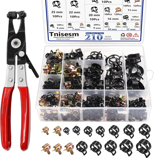 210Pcs Spring Band Hose Clamps Assortment with Plier Tool