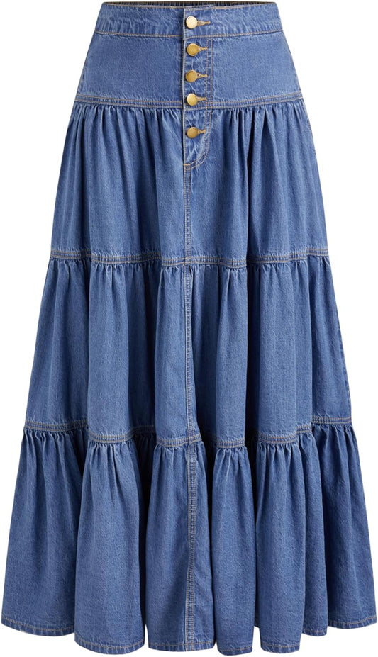 CIDER Womens Long Jean Denim Tiered Button Down Maxi Skirt