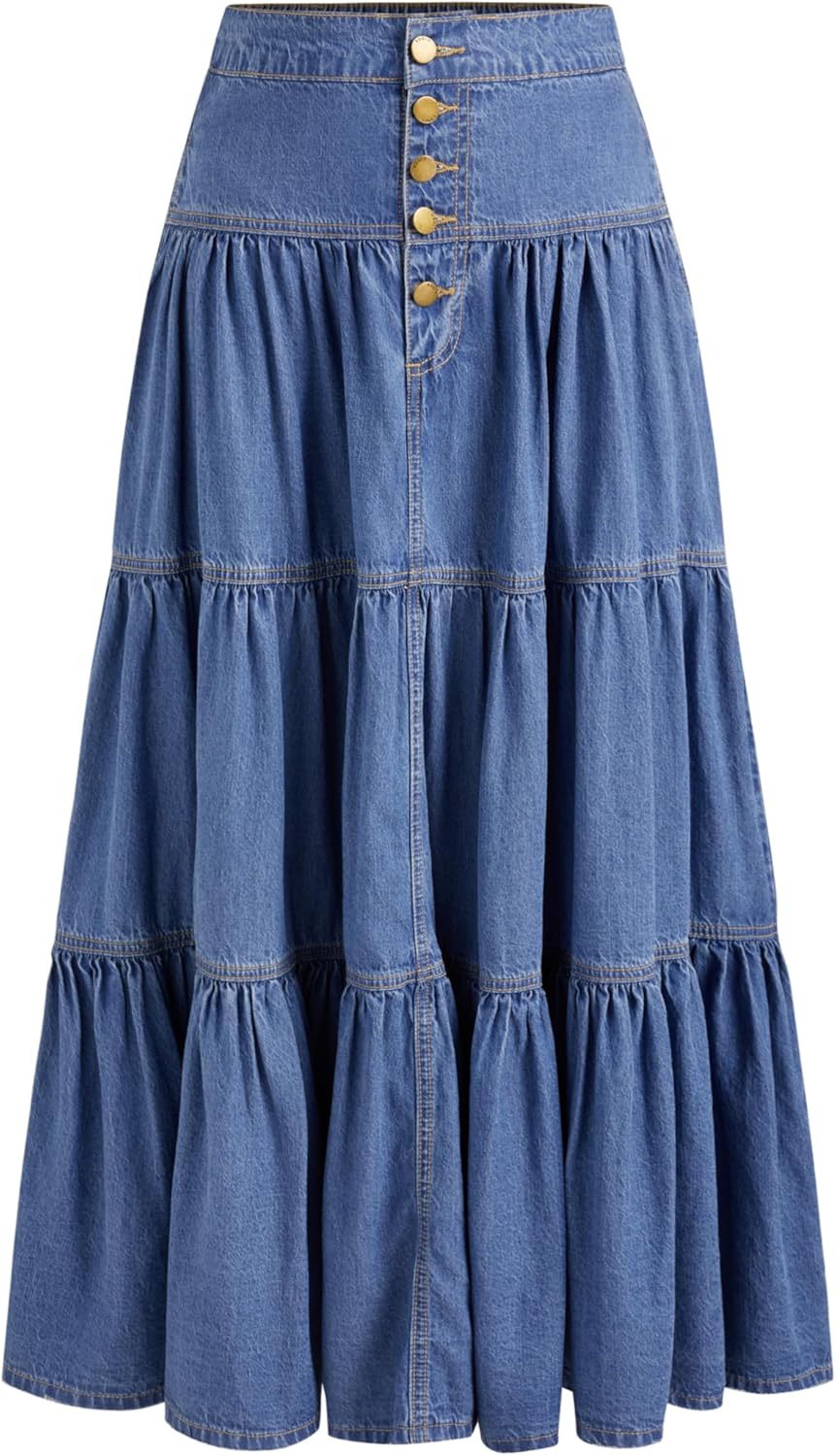 CIDER Womens Long Jean Denim Tiered Button Down High Waisted Skirt