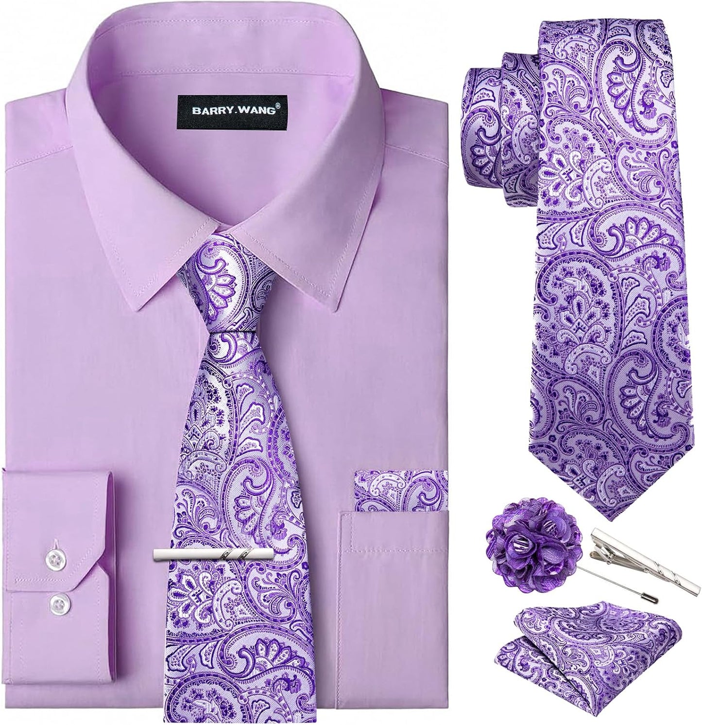 Barry.Wang Solid Colors Mens Dress Shirt and Tie Set for All Occasions