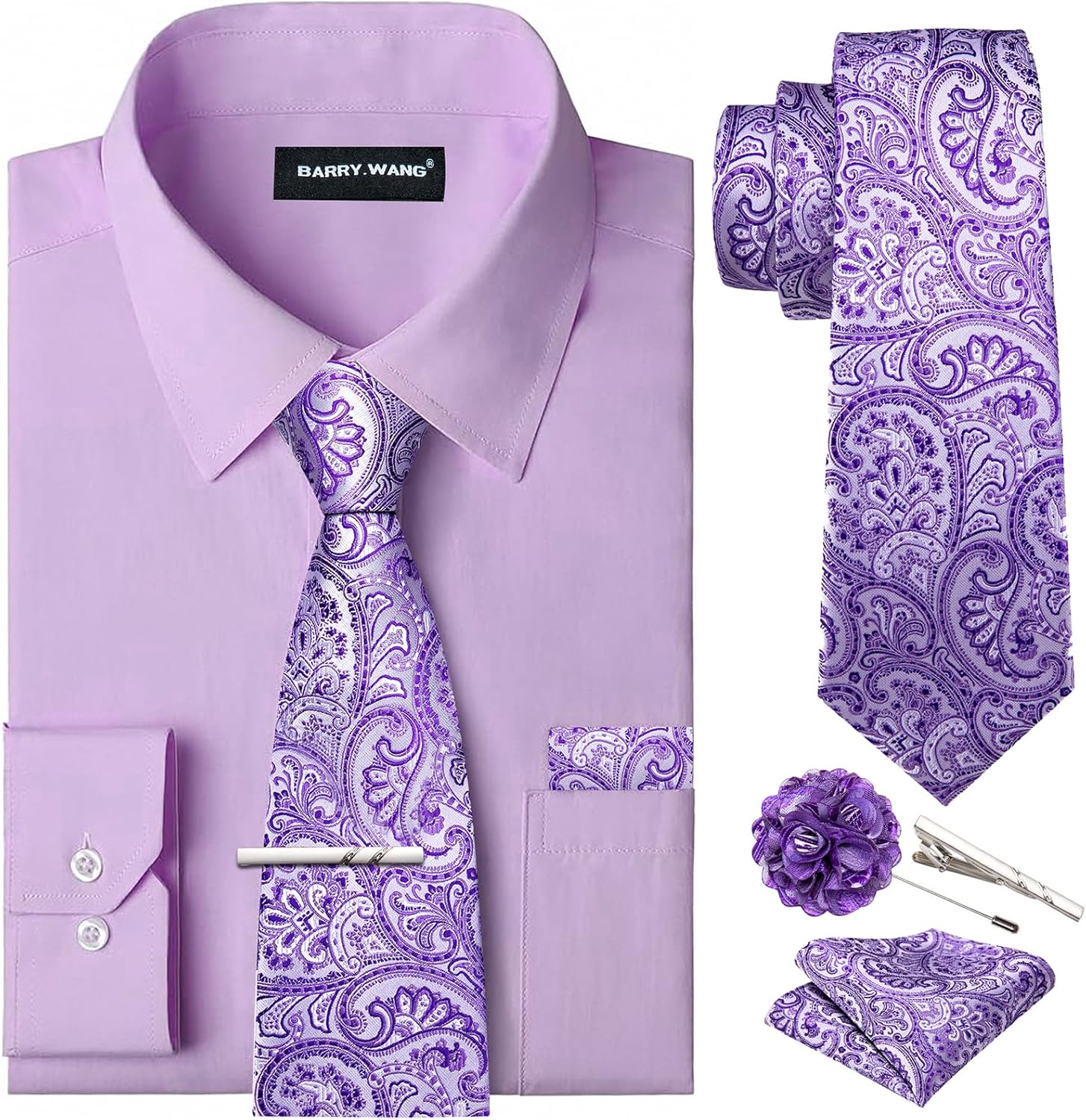 Barry.Wang Solid Colors Mens Dress Shirt and Tie Set for All Occasions