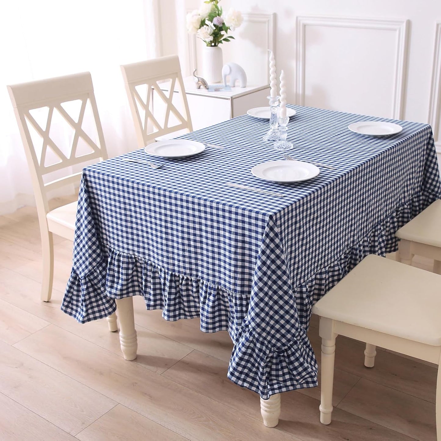 Navy Blue White Plaid Ruffled Table Cloth for Elegant Dining