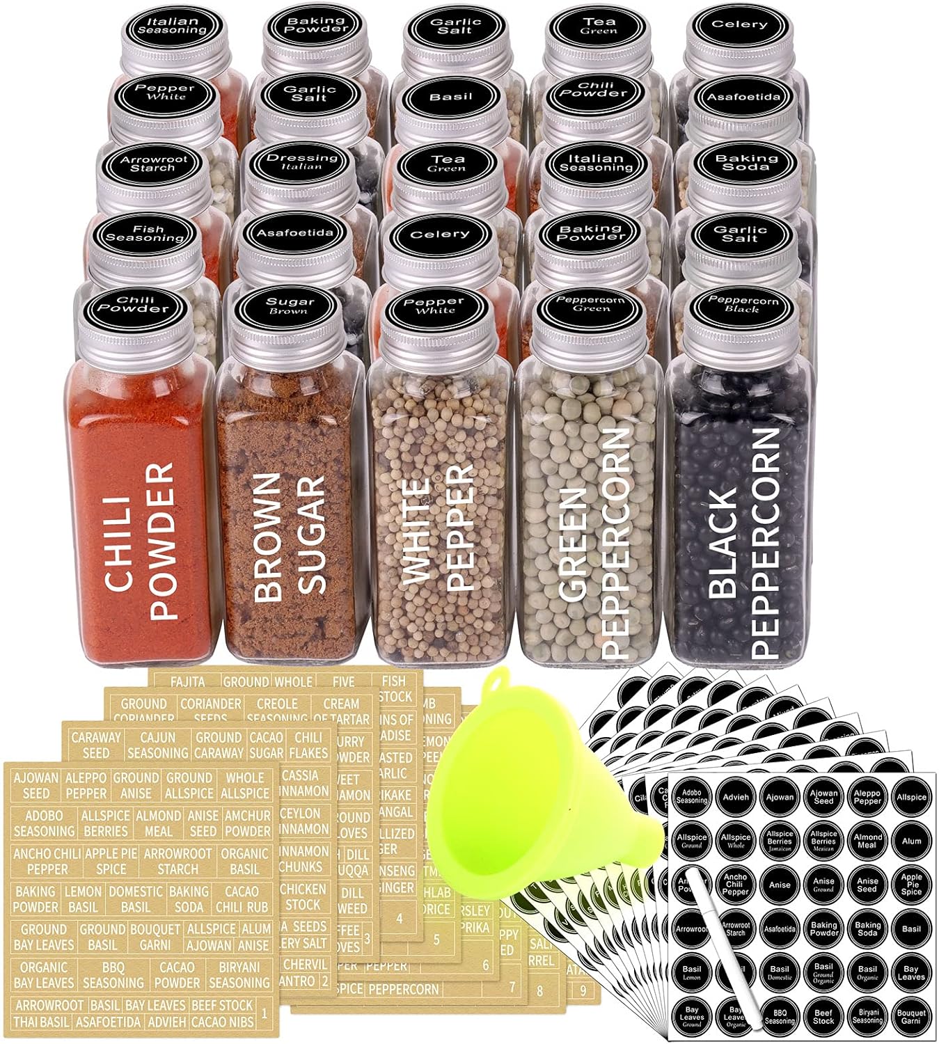 25 Glass Spice Jars Set with Airtight Caps and Labels for Organization