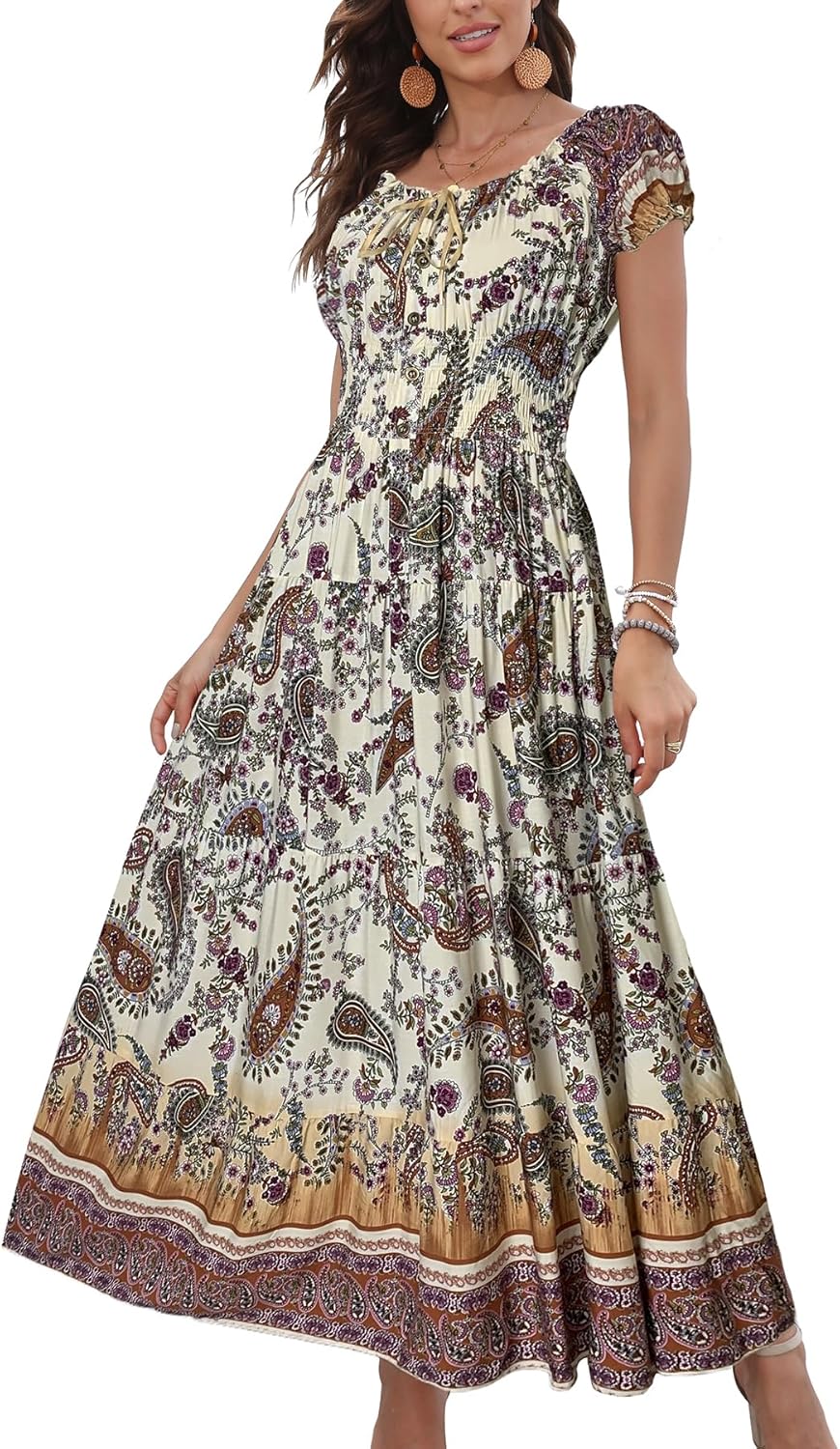 OSTOO Women's Boho Floral Print Tiered Maxi Dress for Summer