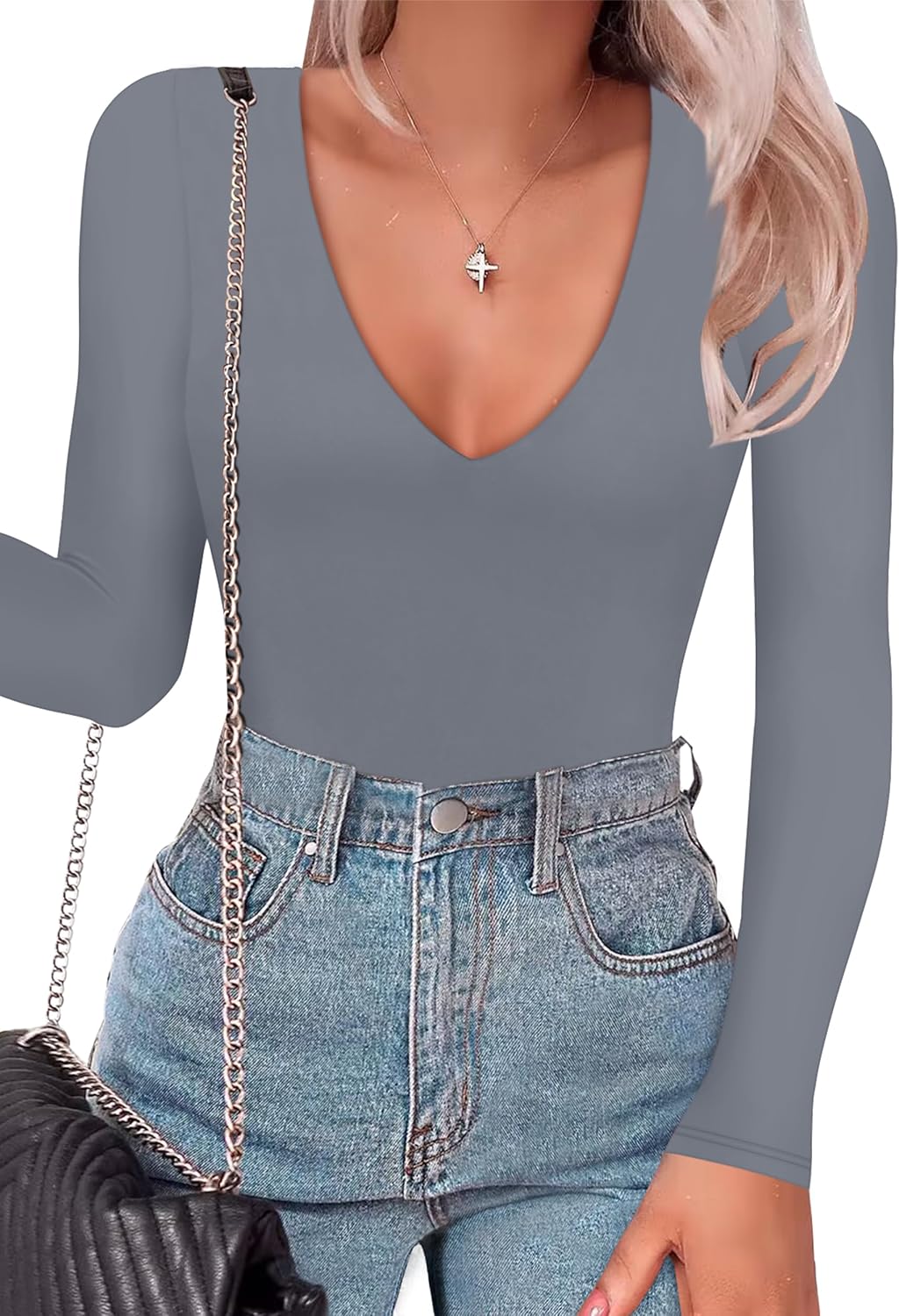 SAUNGKUAI Women's Plunge Deep V Neck Long Sleeve Bodysuit