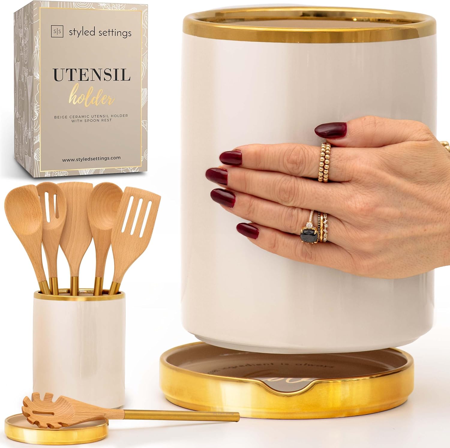 Beige Utensil Holder - Large Ceramic Crock for Kitchen Counter