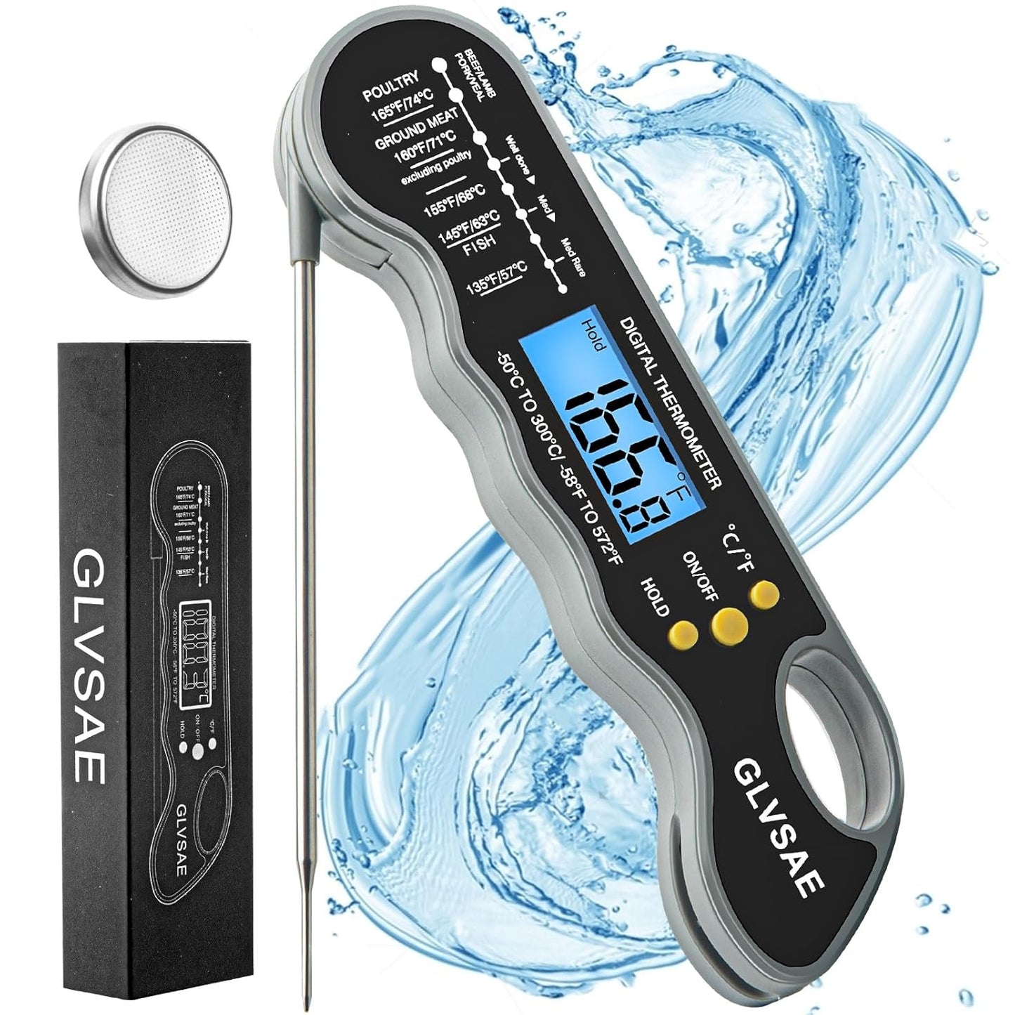 GLVSAE Waterproof Meat Thermometer - Instant Read with Folding Probe