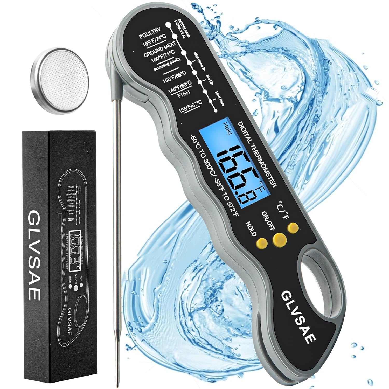 GLVSAE Waterproof Meat Thermometer - Instant Read with Folding Probe