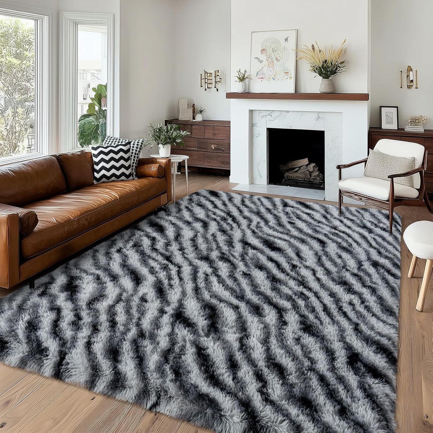 Fluffy Rugs for Living Room - 6x9 Ft Zebra Black and White