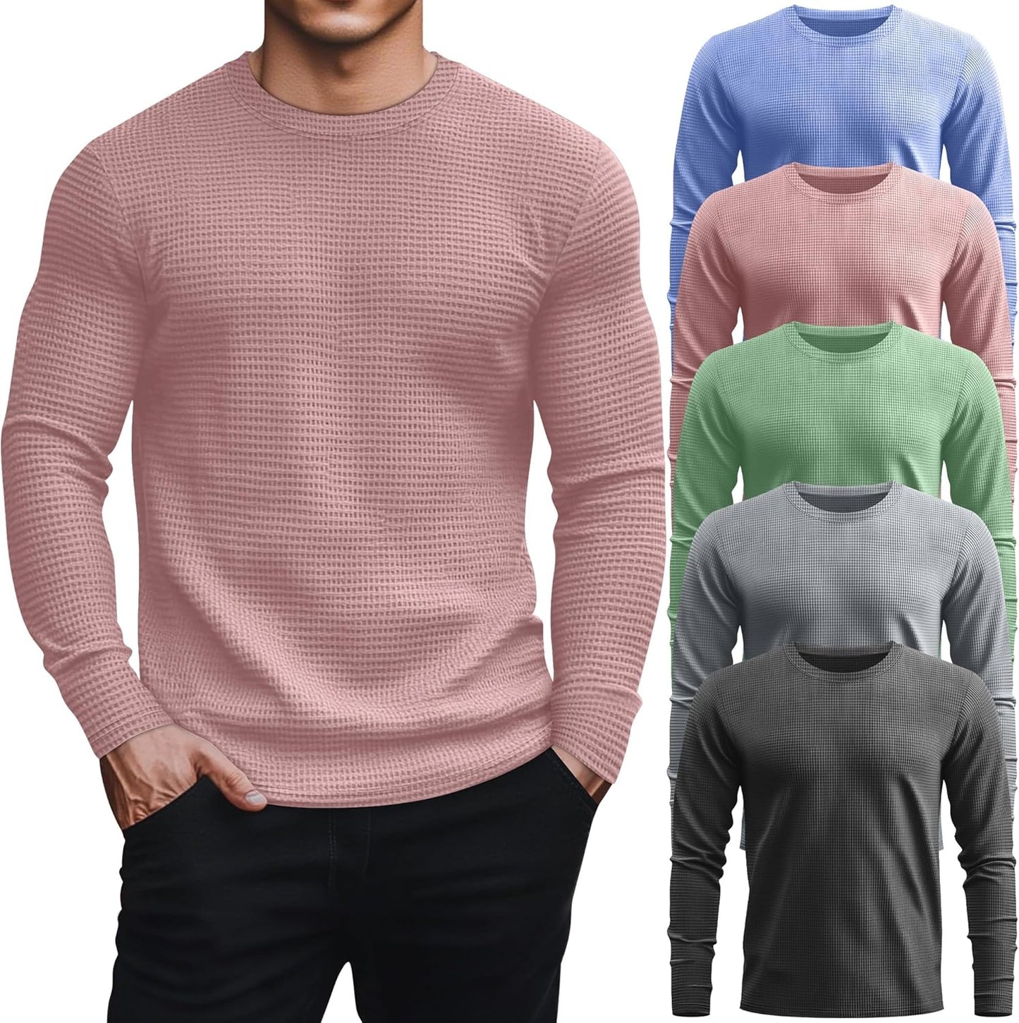 5 Pack Thermal Waffle Shirts for Men - Casual Long Sleeve Tops