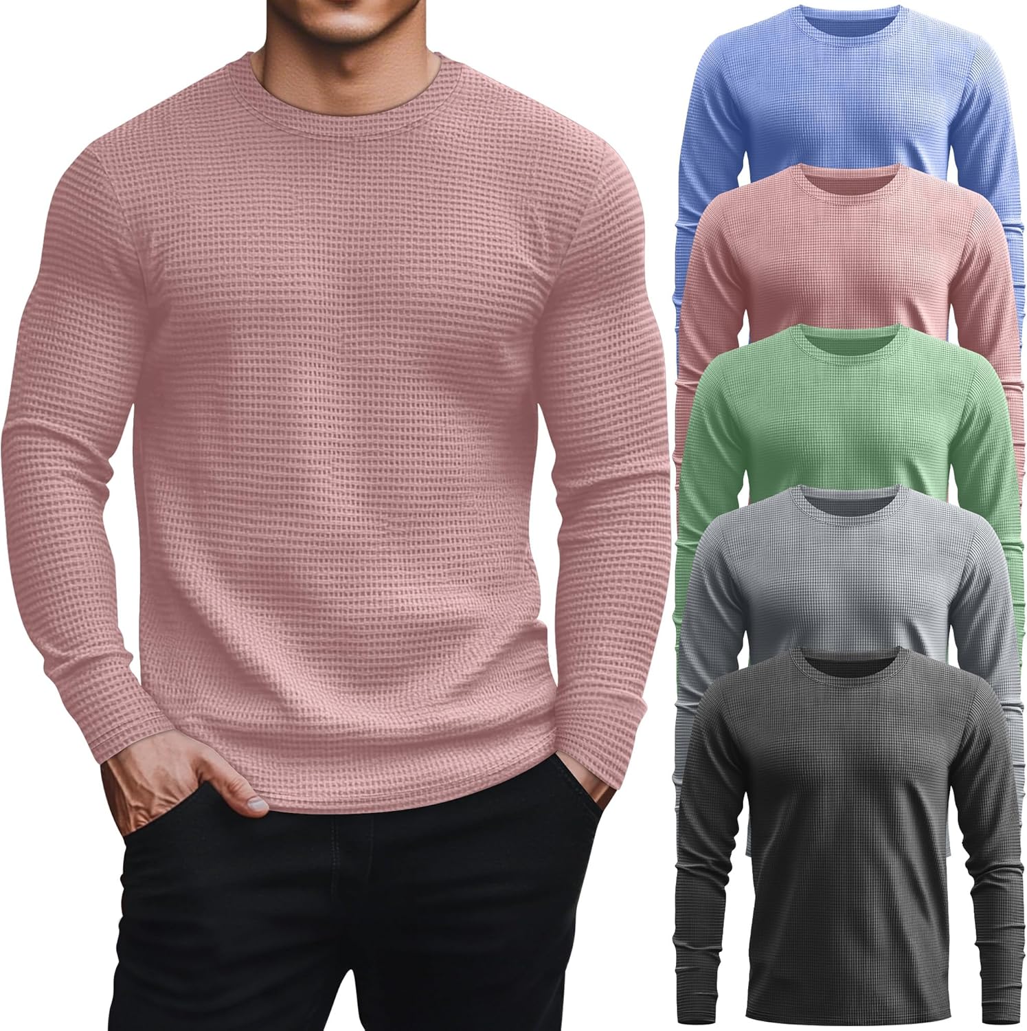 5 Pack Thermal Waffle Shirts for Men - Casual Long Sleeve Tops