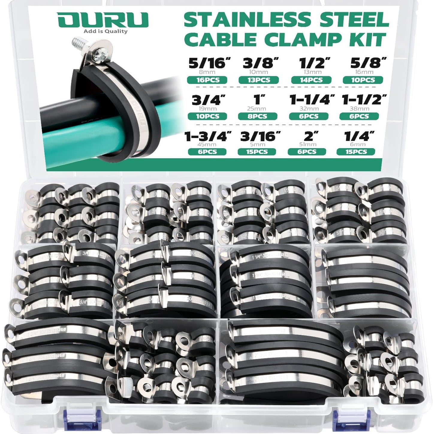 125PCS Stainless Steel Rubber Coated Cable Clamps Assortment Kit