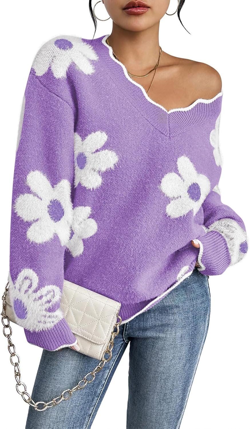 Pink Queen Women's Oversized V Neck Fuzzy Sweater for All Seasons