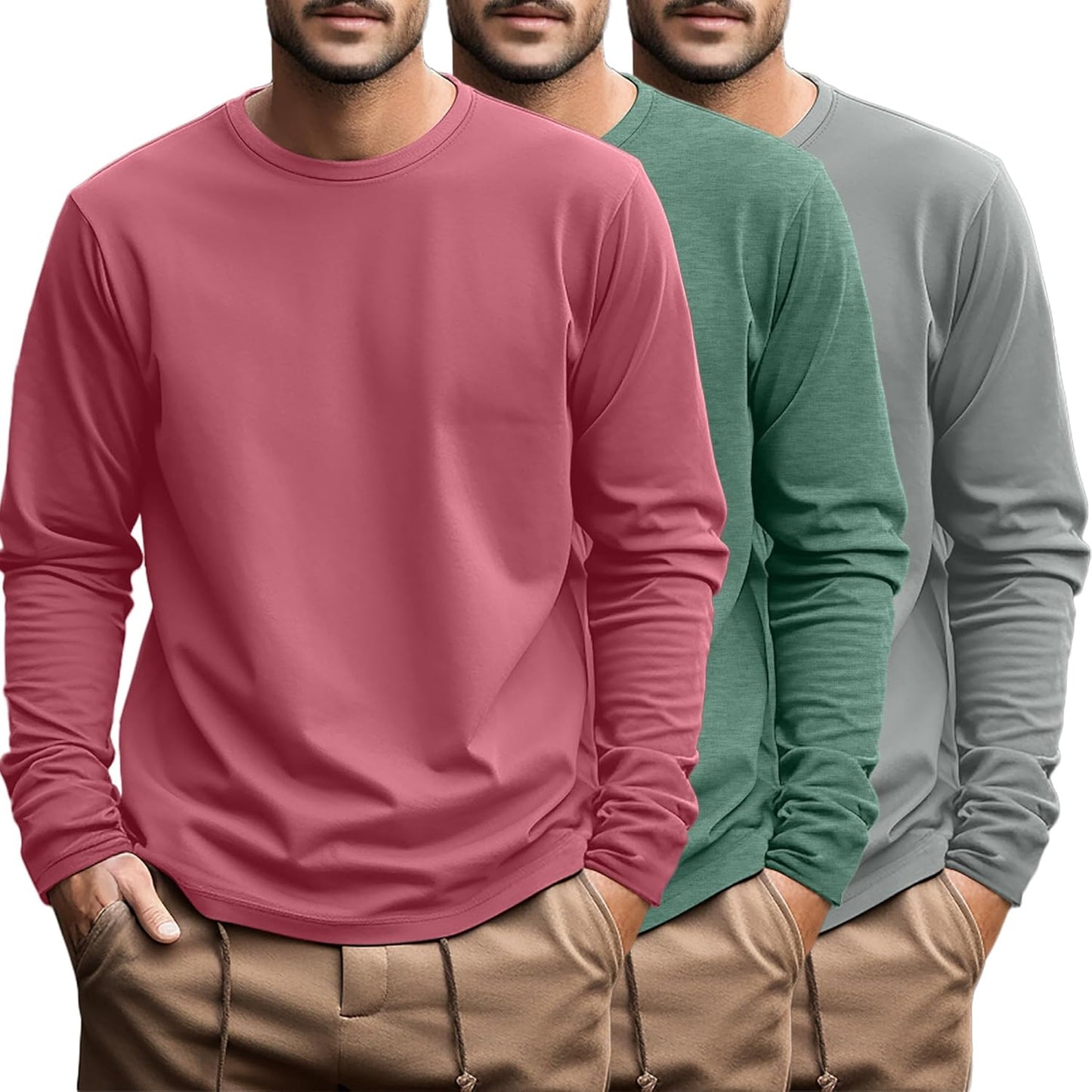 Ficerd 3 Pack Men's Big and Tall Long Sleeve Cotton Tees
