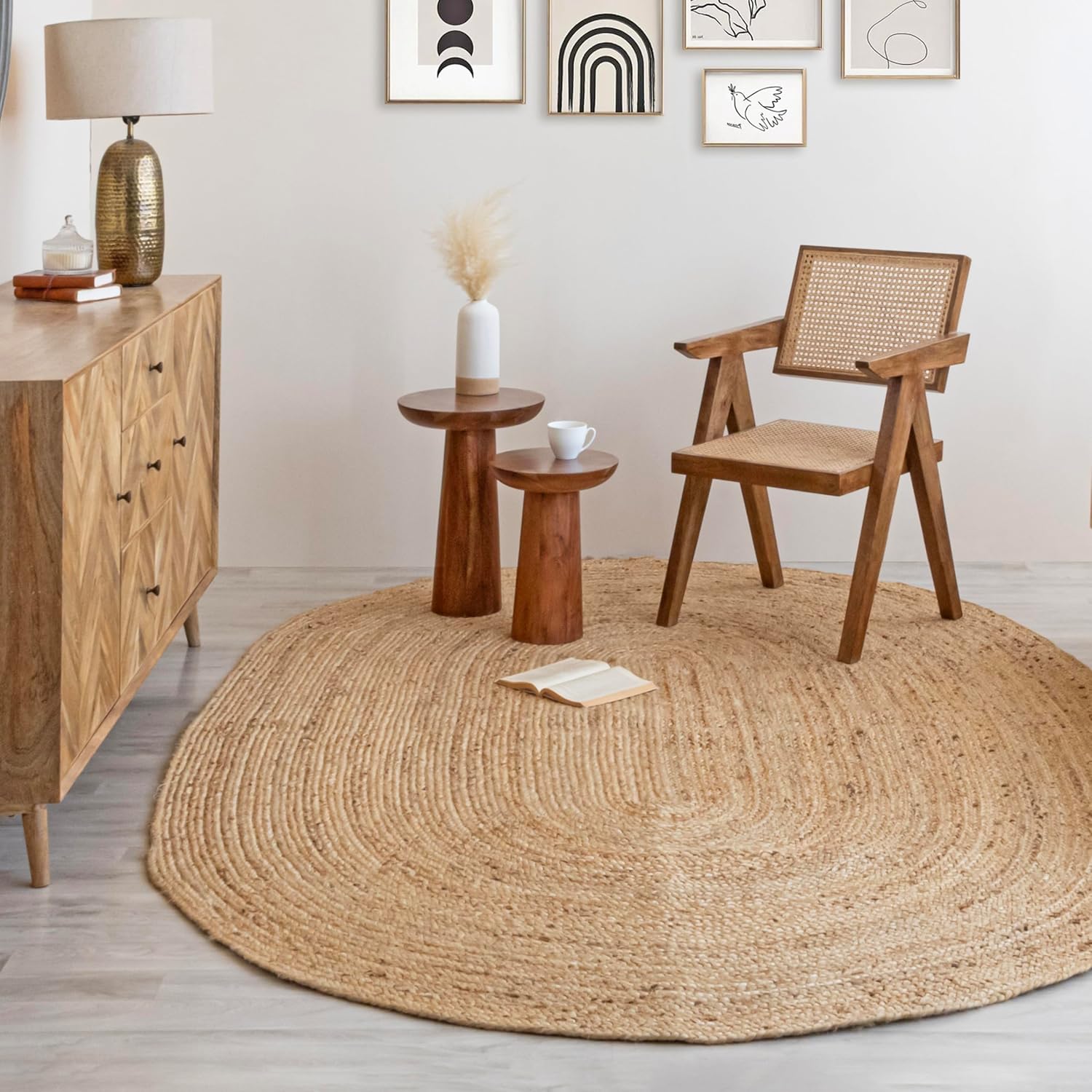 Reversible Oval Jute Area Rug - 4 x 6 ft Hand Woven Natural Fiber