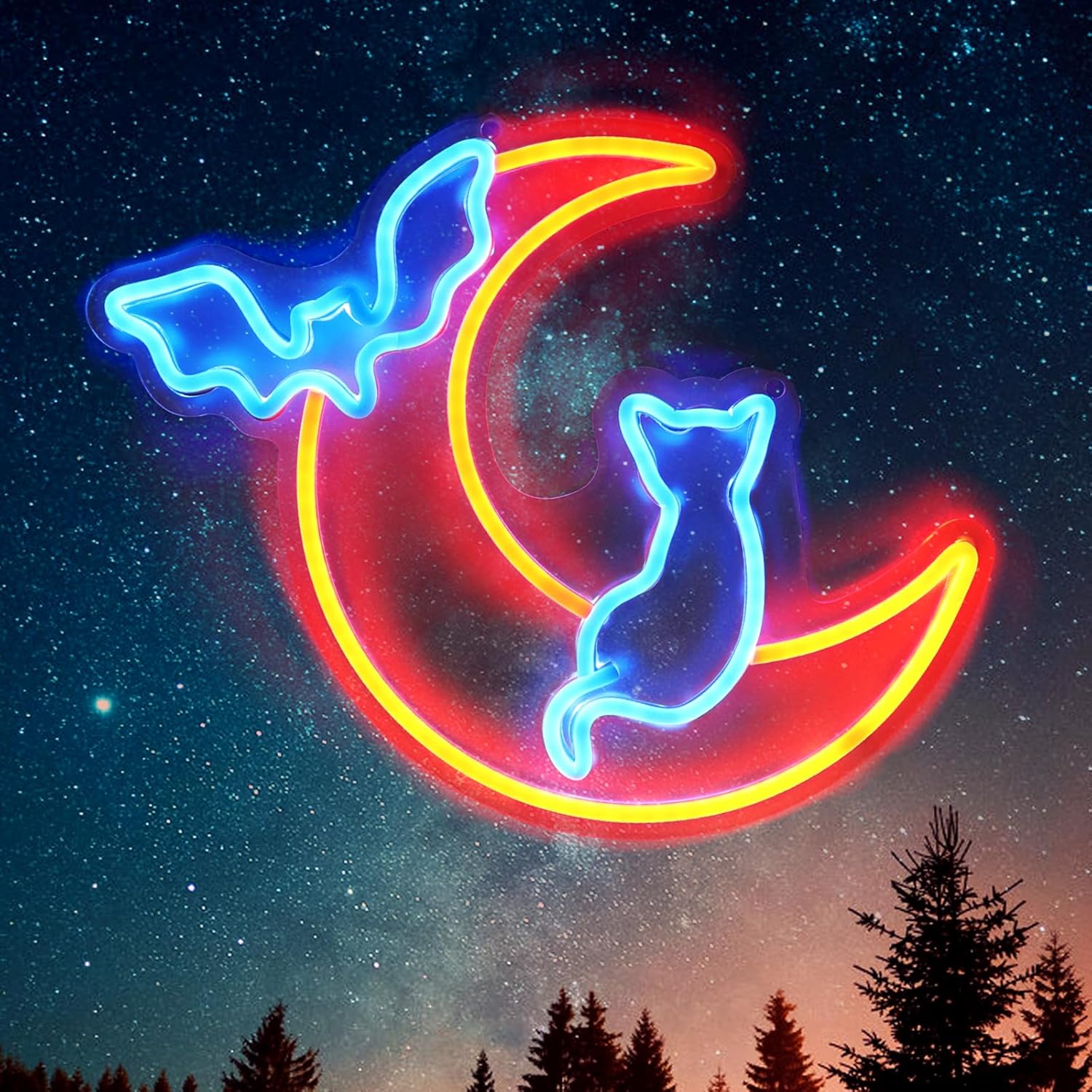 Halloween Neon Sign Wall Decor - Spooky Cat, Moon & Bat Lights