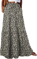 Womens Floral Print Boho Maxi Skirt - Flowy Tiered High Waist