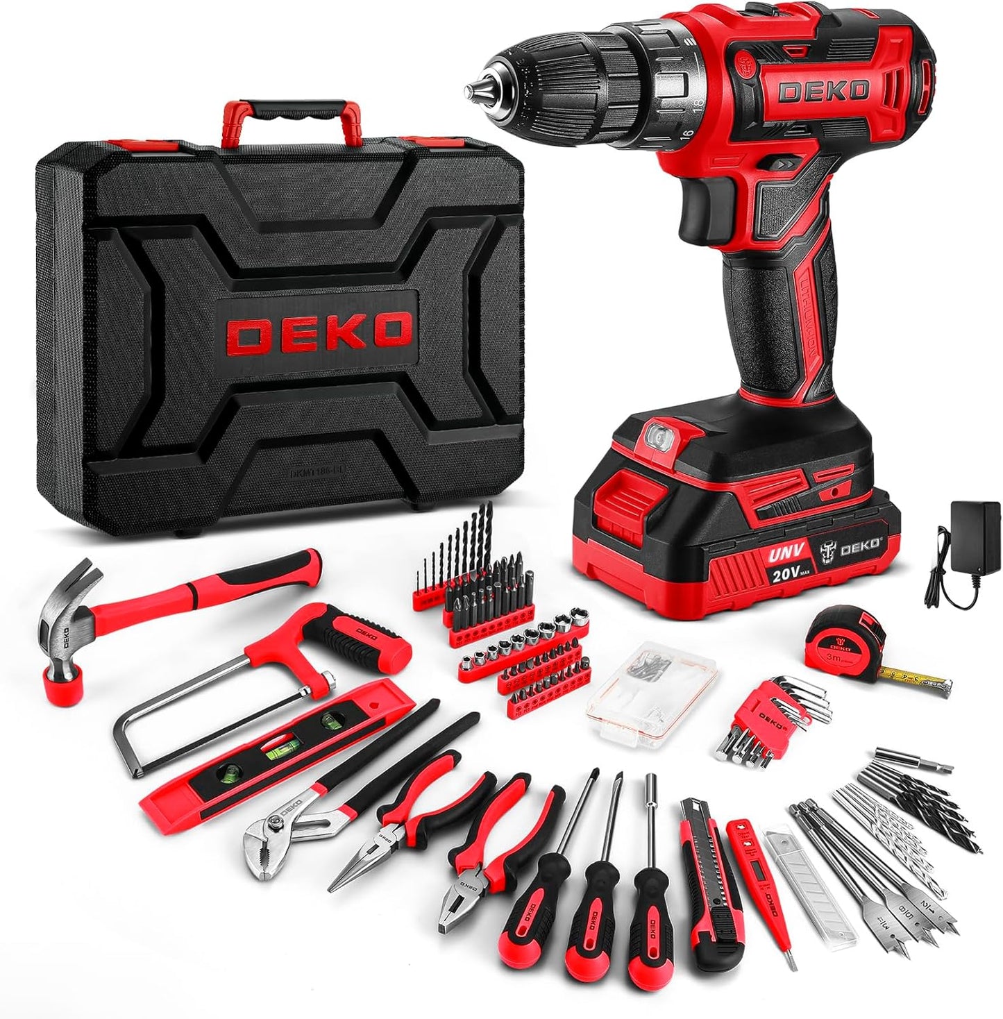 Red Drill Tool Kit Set: 20V Cordless Power Drill for Home Use