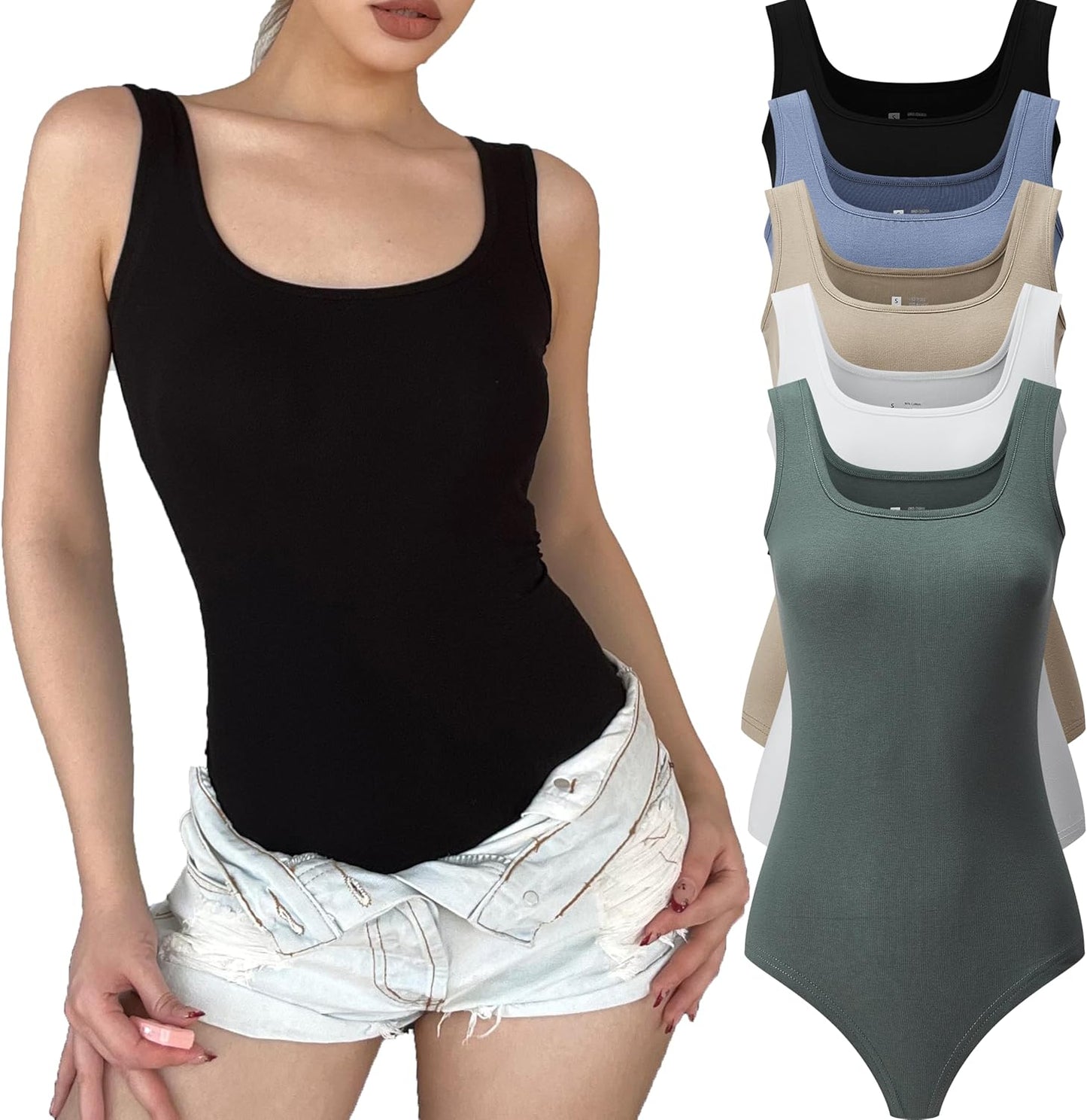 5 Pack Tank Top Bodysuit for Women with Sexy Scoop Neck Design