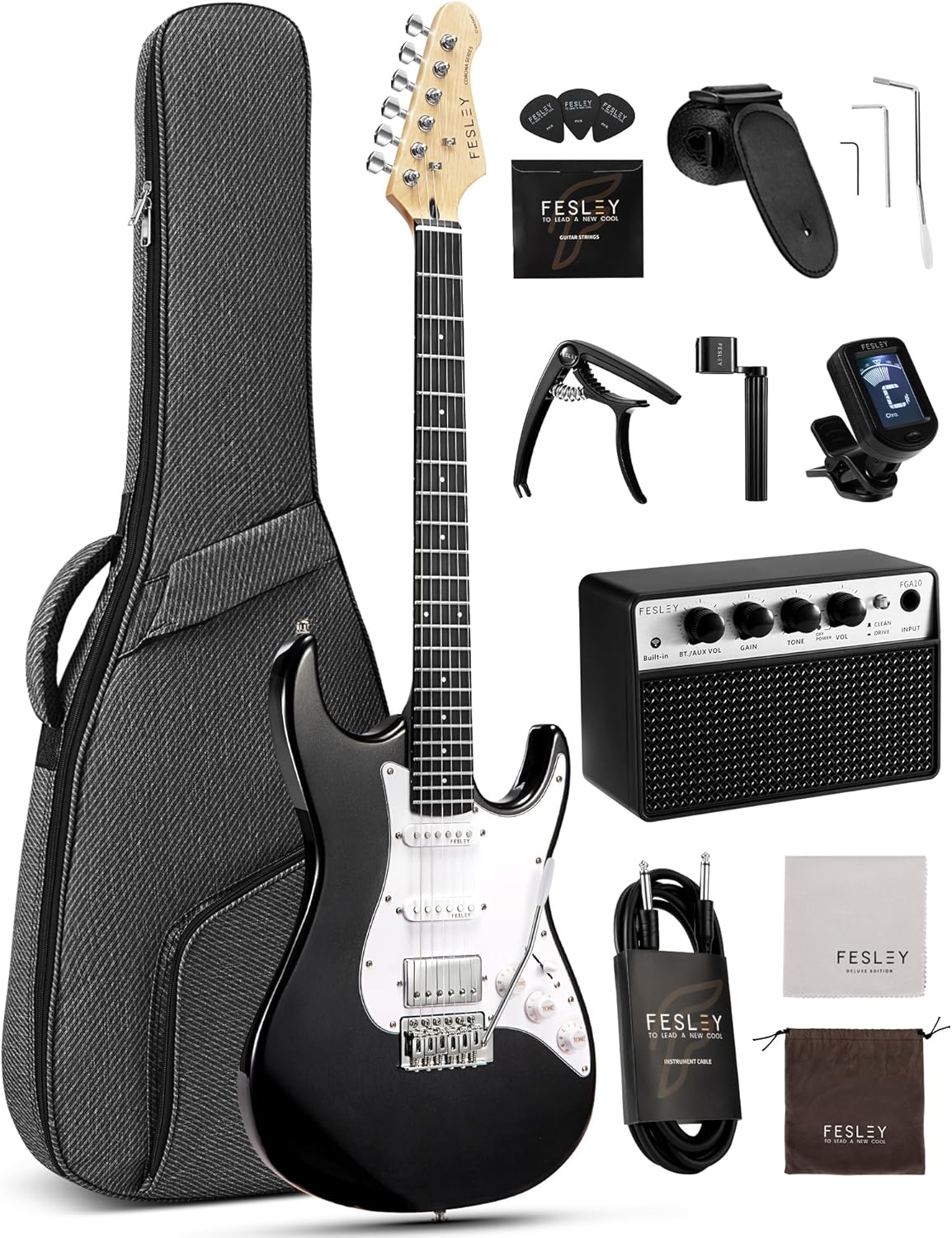 Fesley 39 Electric Guitar Kit: HSS Pickup, Amp, Accessories