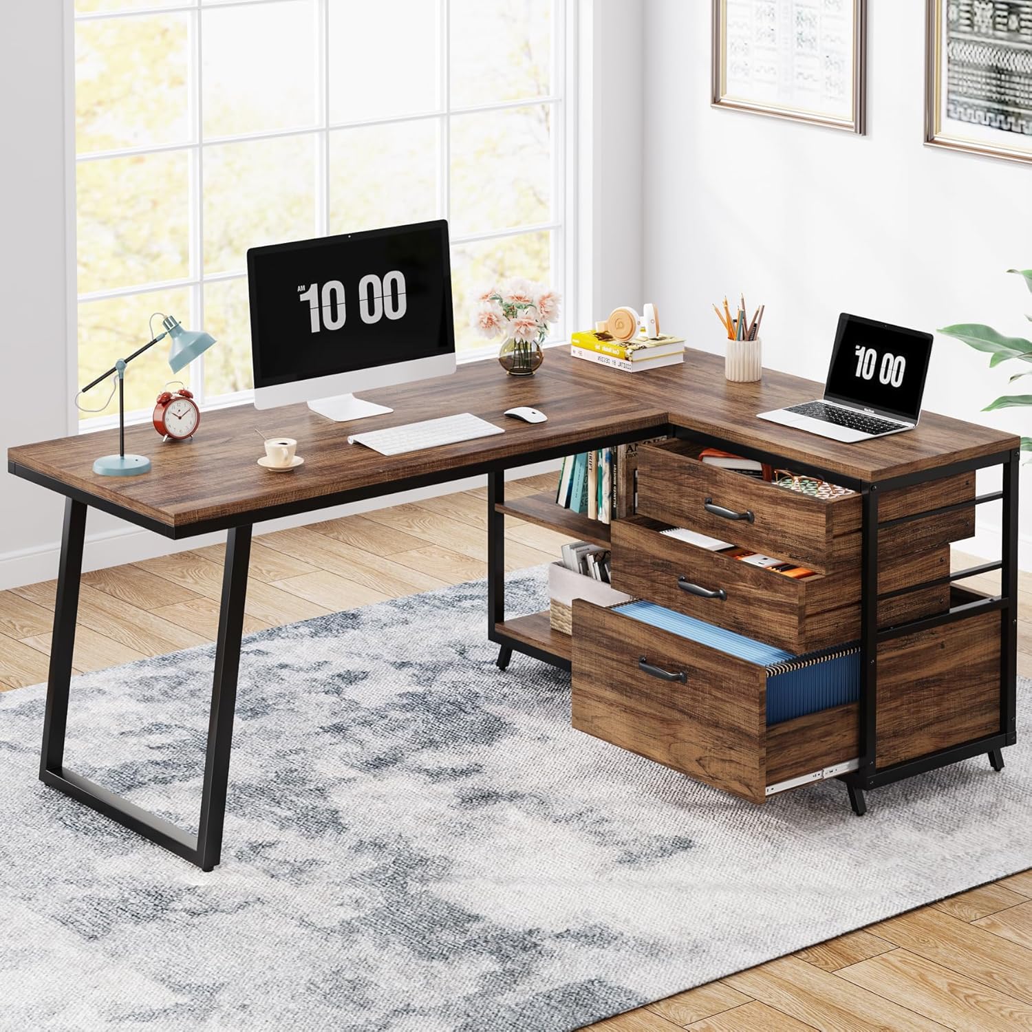 53 L-Shaped Industrial Desk with 3 Drawers