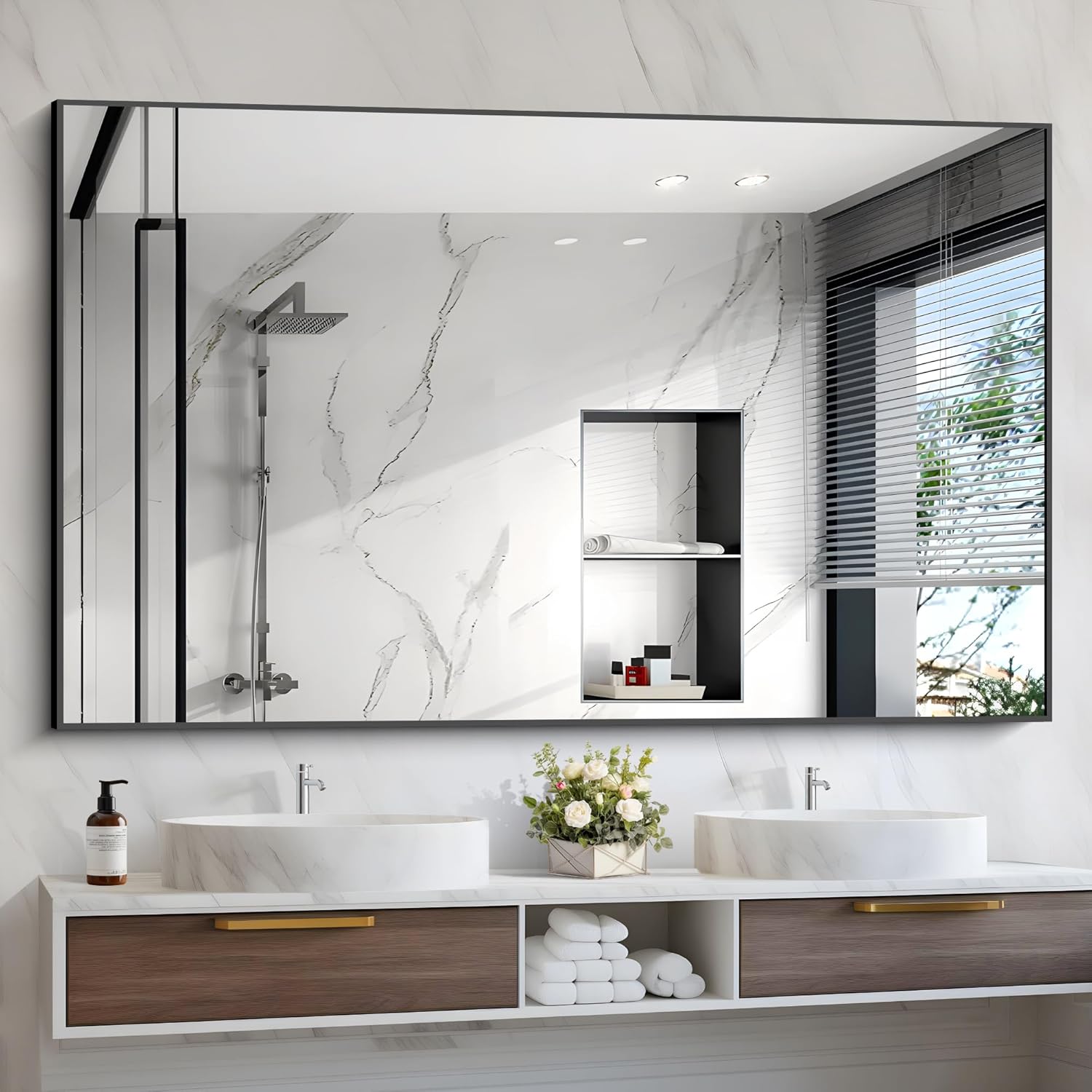 Black Bathroom Mirror 48X36 Rectangle Modern Vanity Mirror