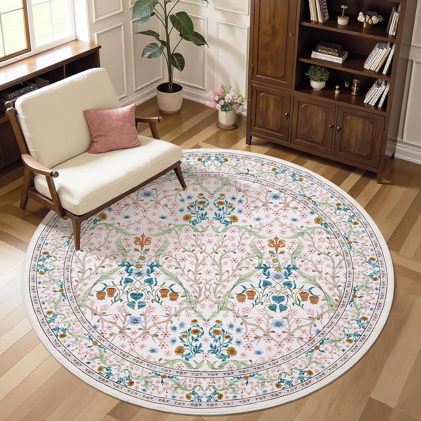 GarveeHome Pink Floral 6ft Round Rug Soft Non-Slip Carpet