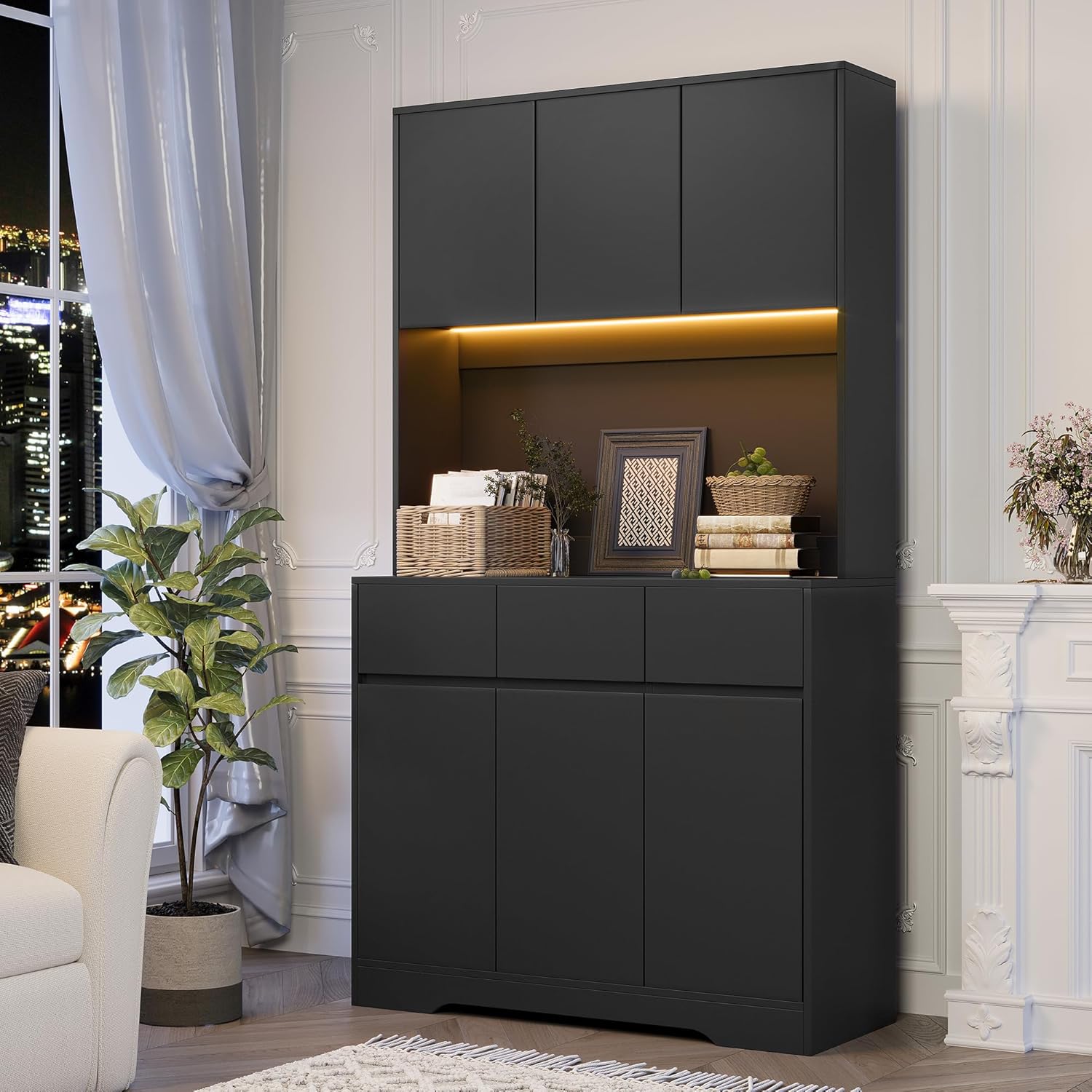 71'' LED Pantry Cabinet - Freestanding Kitchen Storage & Charging Station