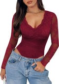 SAUNGKUAI Women's V Neck Lace Bodysuit Long Sleeve - Double Lined