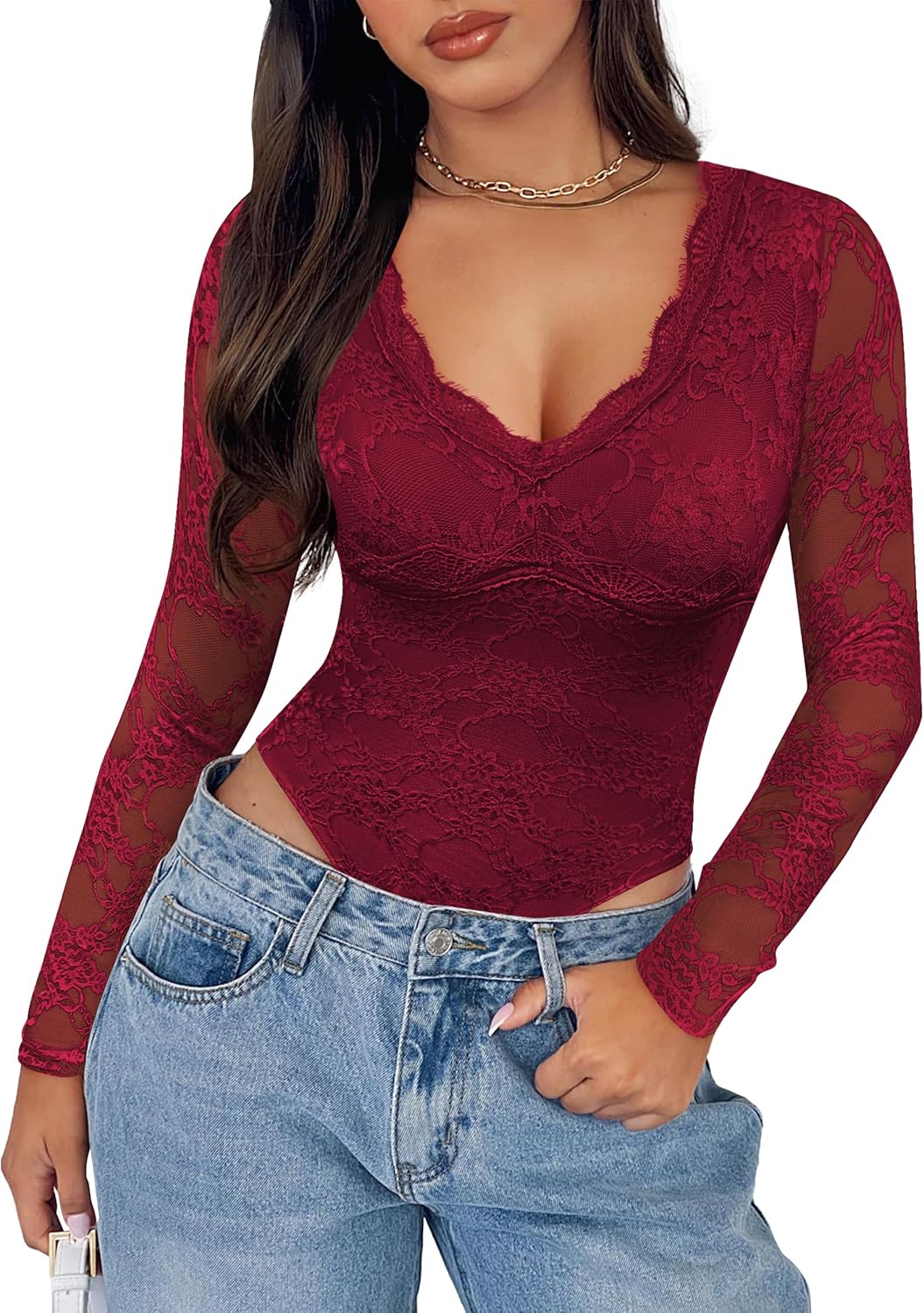 SAUNGKUAI Women's V Neck Lace Bodysuit for Trendy Outfits