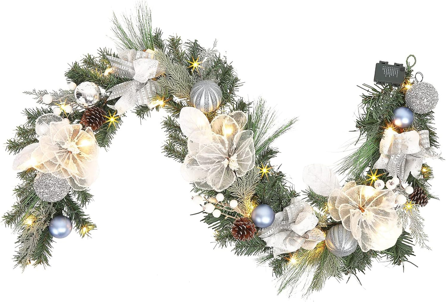 Pre-lit 6 Feet Winter White Silver Christmas Garland Decor