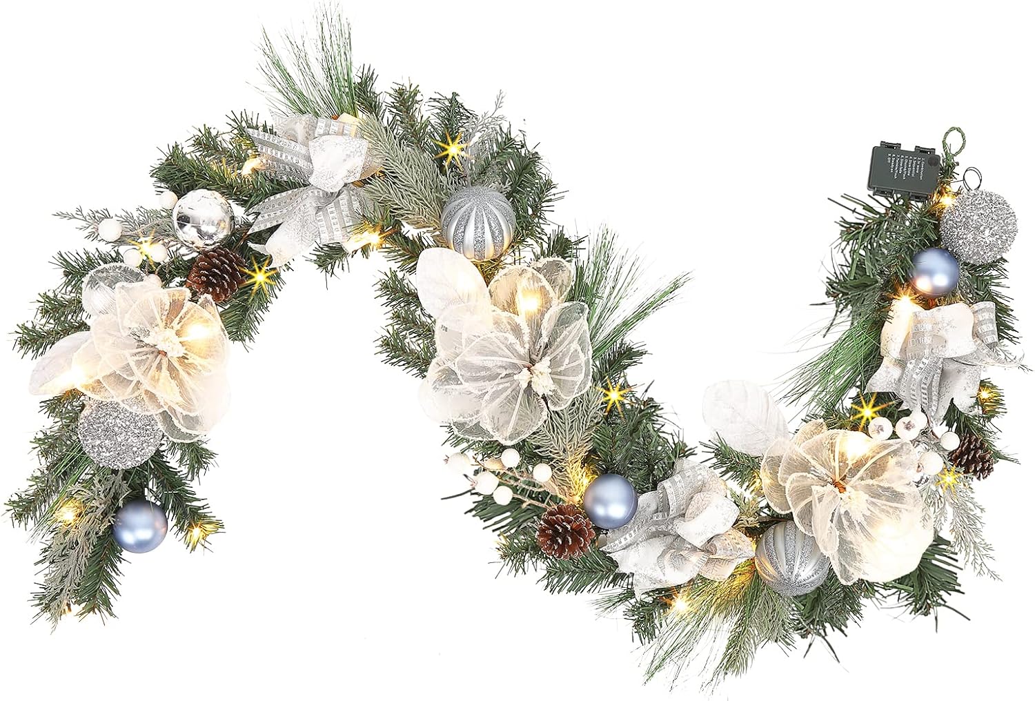 Pre-lit 6 Feet Winter White Silver Christmas Garland Decor