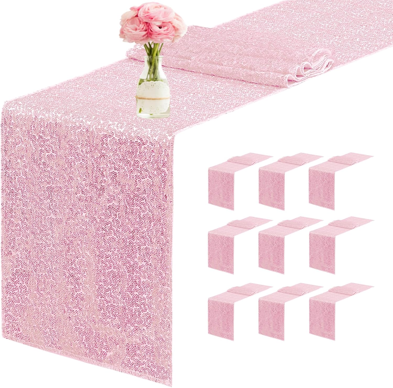 10 Packs of Pink Glitter Sequin Table Runners for Events