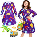 Women Halloween Teacher Costume Set Vintage Long Sleeve Dress