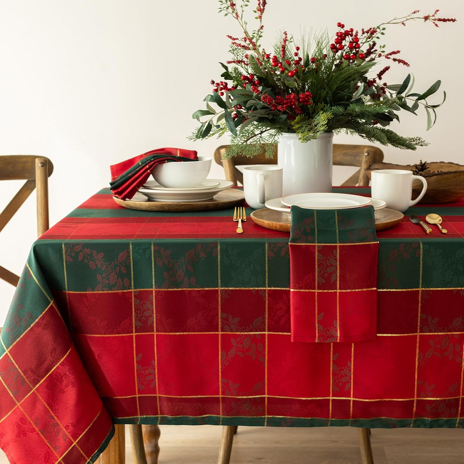 Benson Mills Holiday Holly Glimmer Table Cloth for Festive Decor