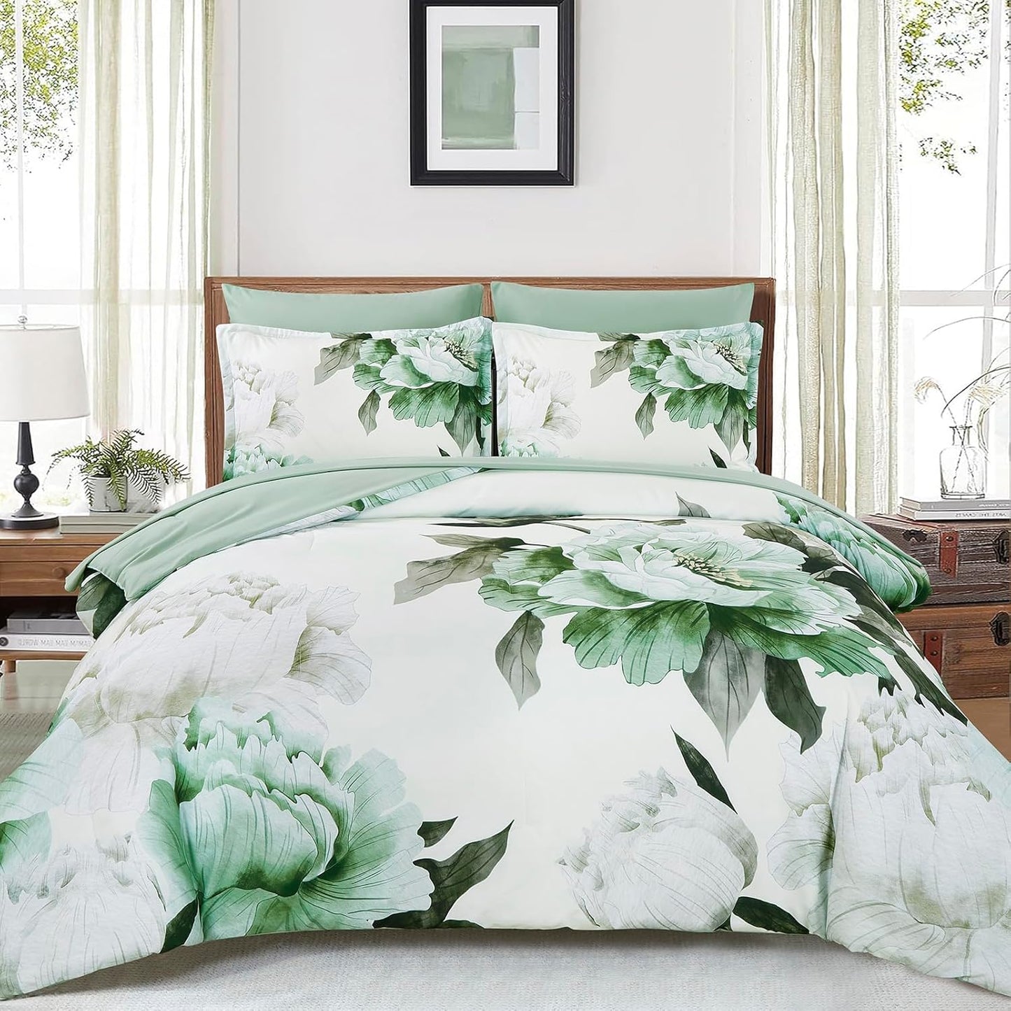 Dobuyly Green Queen Comforter Set 7 Piece Bed in a Bag