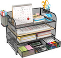 4-Tier Desktop Organizer Shelf with Pen Holders and Drawer