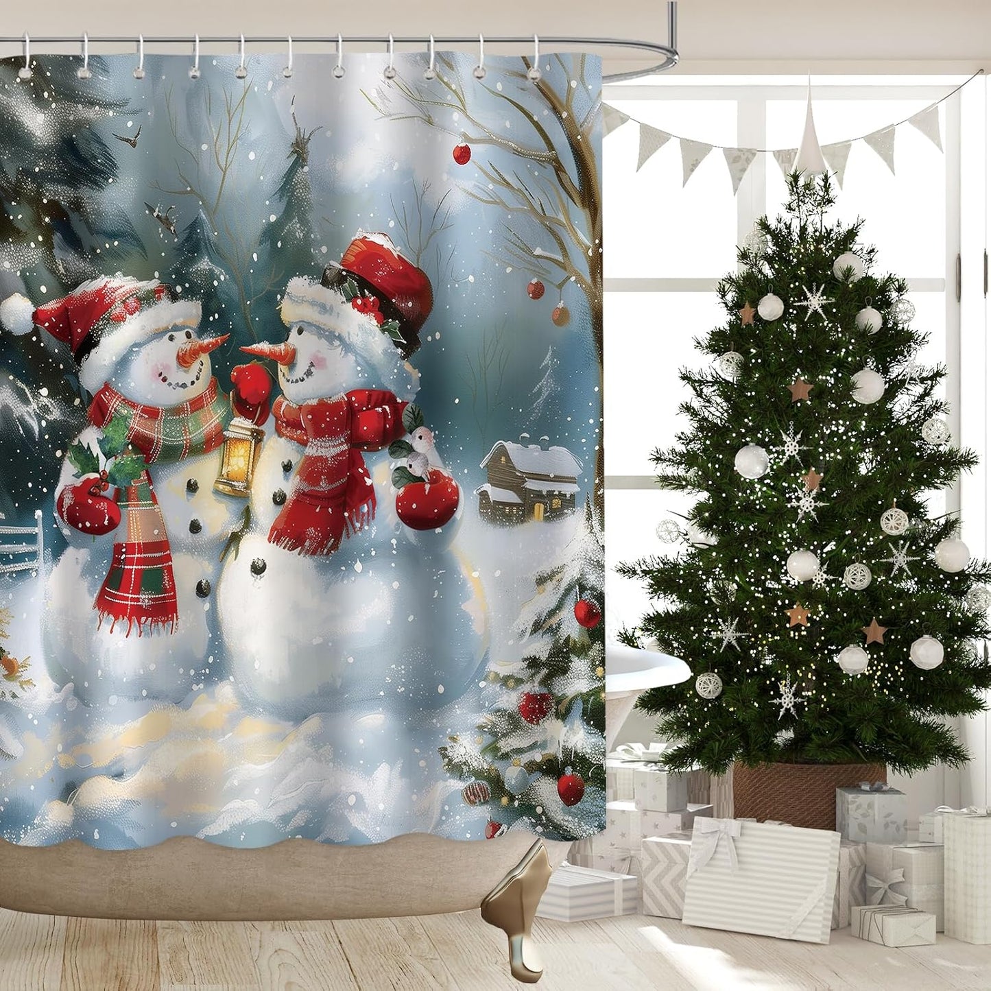 Christmas Snowman Shower Curtain - Waterproof & Rustic Festive Charm!