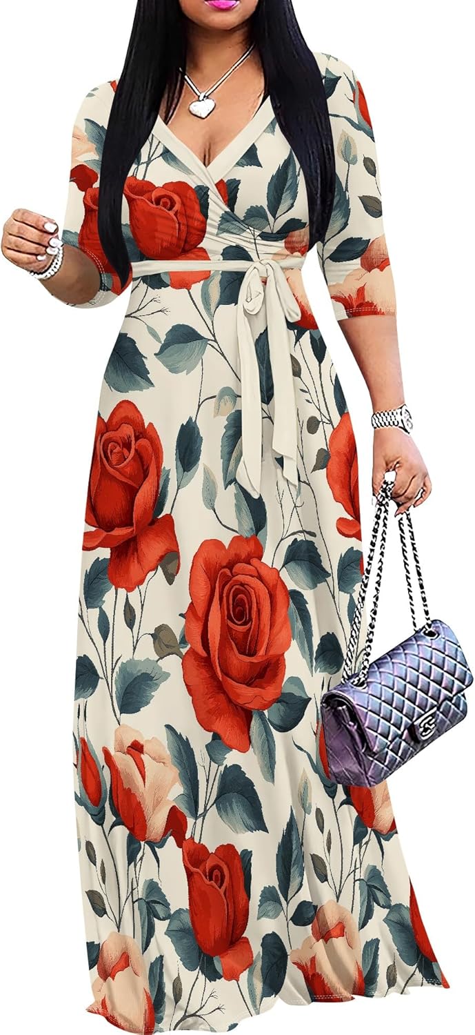 Plus Size Maxi Dresses for Women with 3/4 Sleeves and Belt