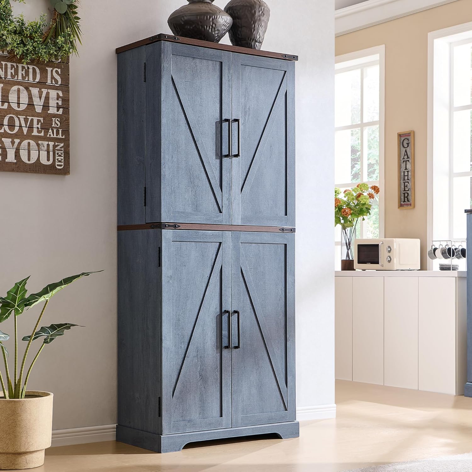 72 Tall Kitchen Pantry with Barn Doors for Rustic Storage