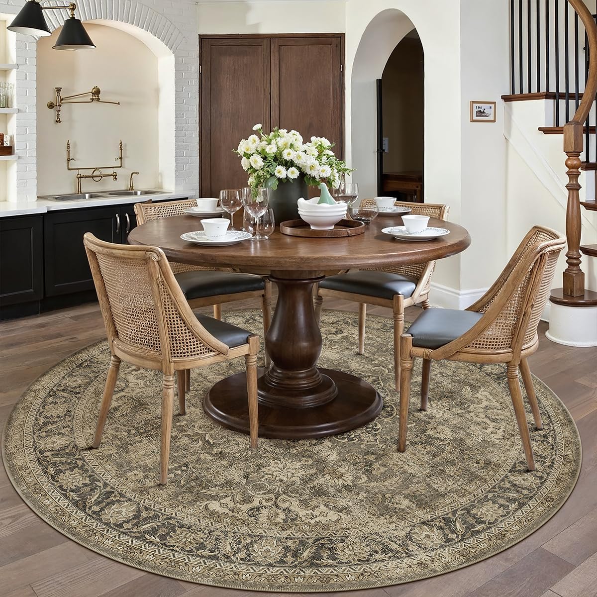 6x6 Washable Brown Round Rug for Vintage Living Room Decor