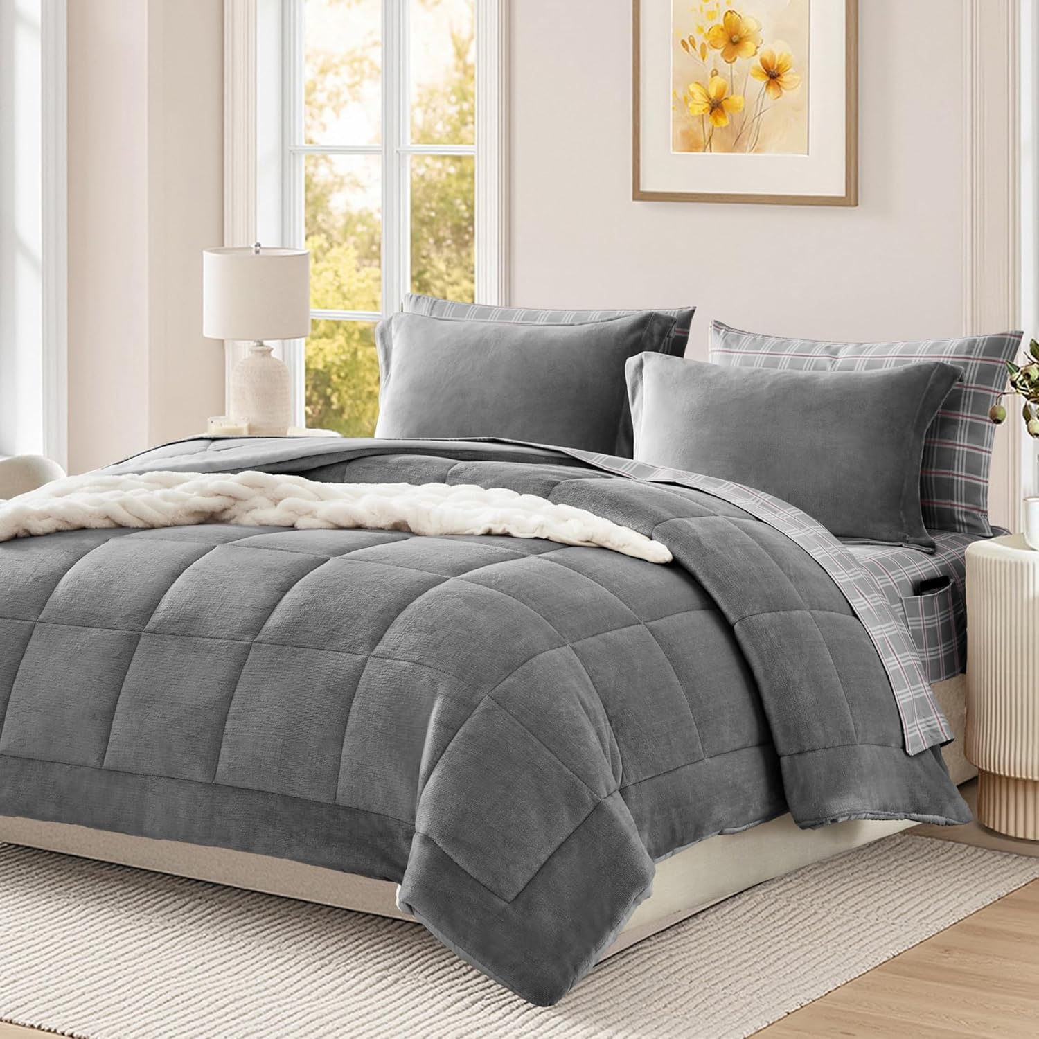 Plush Comforter Set Full Size Bed in a Bag 7 Pieces Grey Flannel
