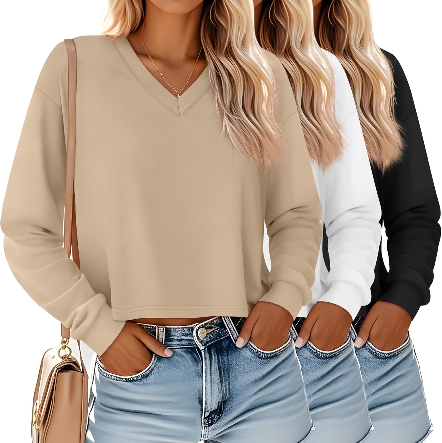 Ficerd 3 Pack Women's Crop Long Sleeve Tops for Casual Style