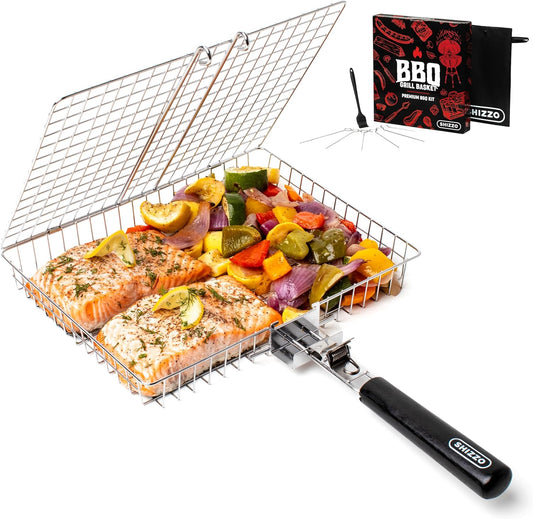 SHIZZO Stainless Steel Grill Basket - Portable Outdoor Grilling Essential