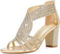 Women's Rhinestone Chunky Block Heel Sandals - Dressy Zipper Back