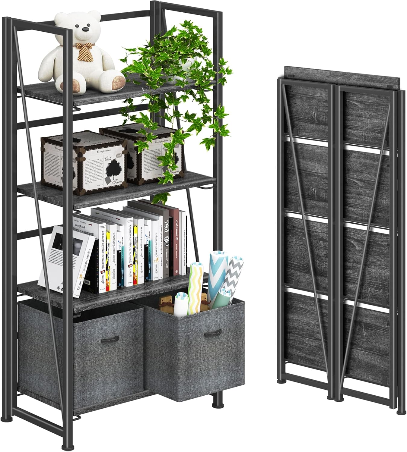 4NM No Assembly Folding Bookshelf for Home Office Storage