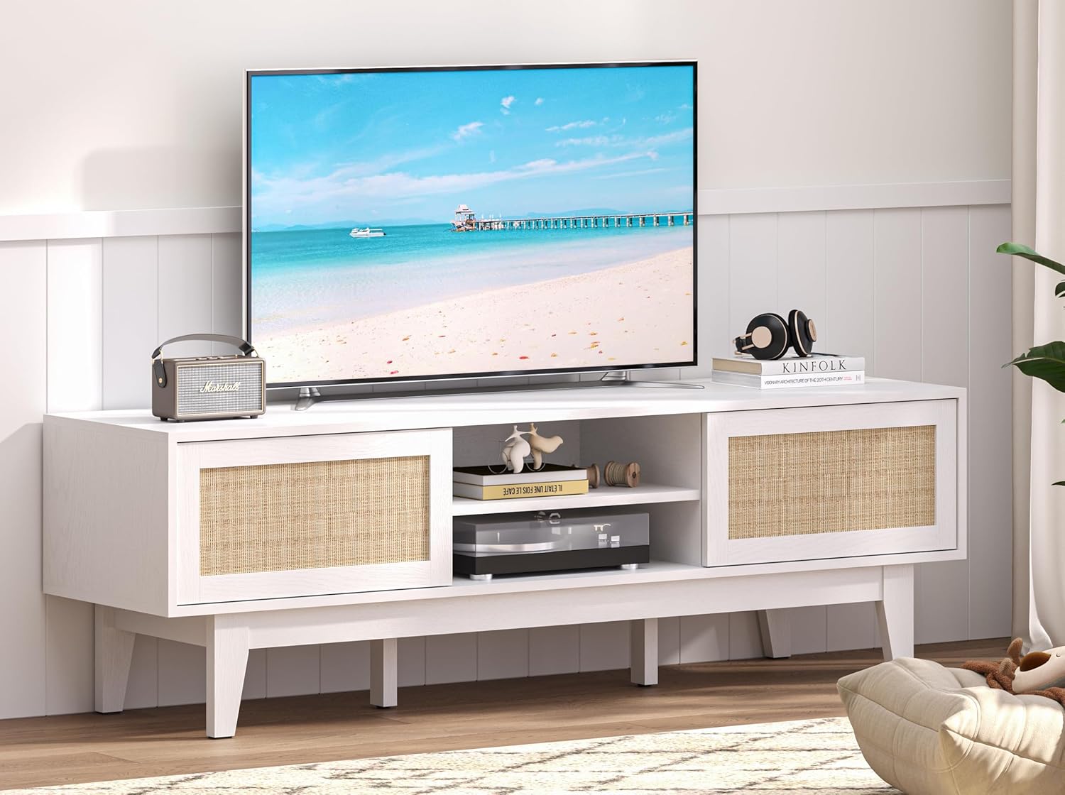Boho Rattan TV Stand with Sliding Doors - Xixini