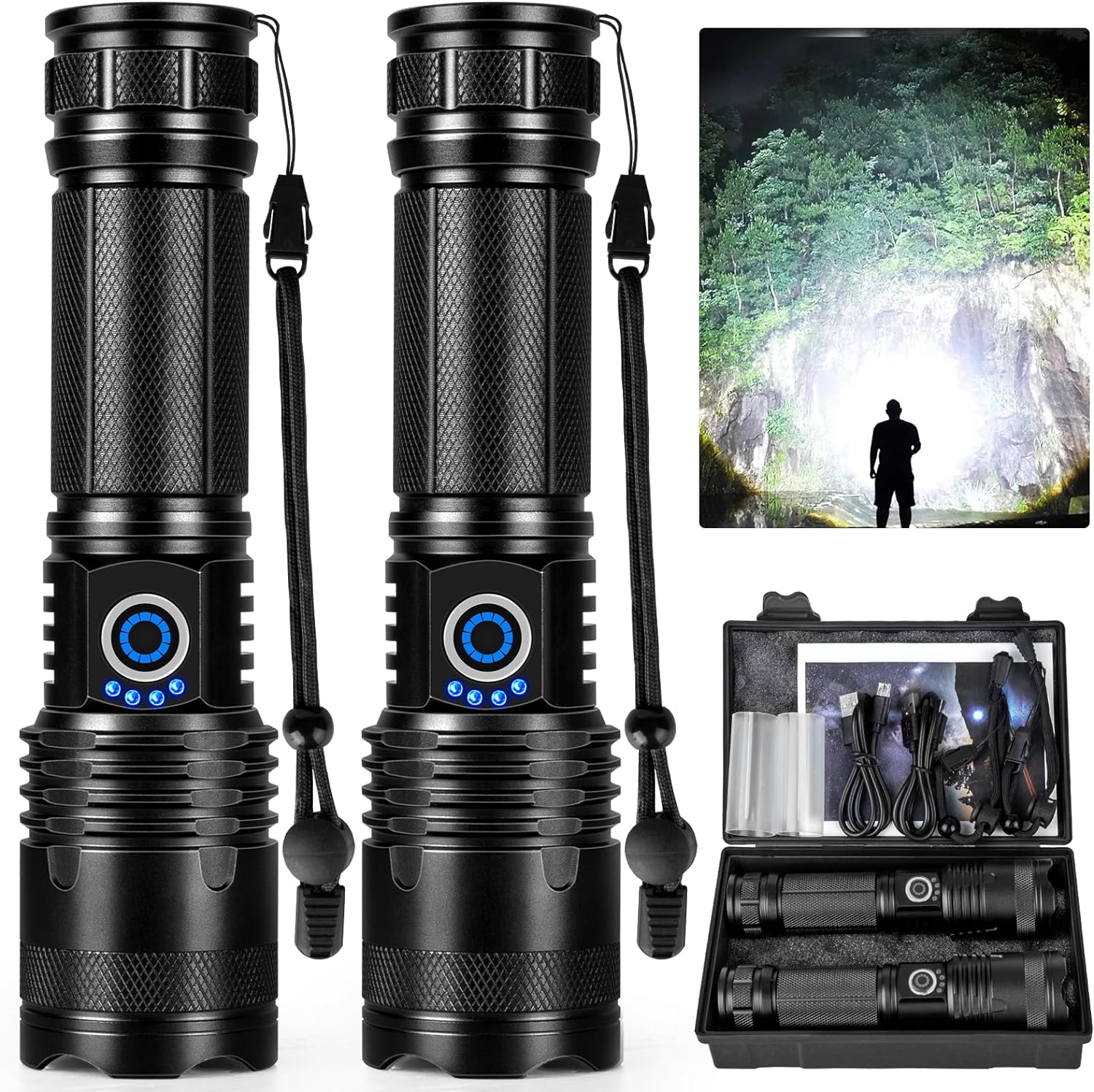 Super Bright Rechargeable LED Flashlights - 990,000 Lumens, Waterproof, 5 Modes - Ideal for Camping! (2 Pack)